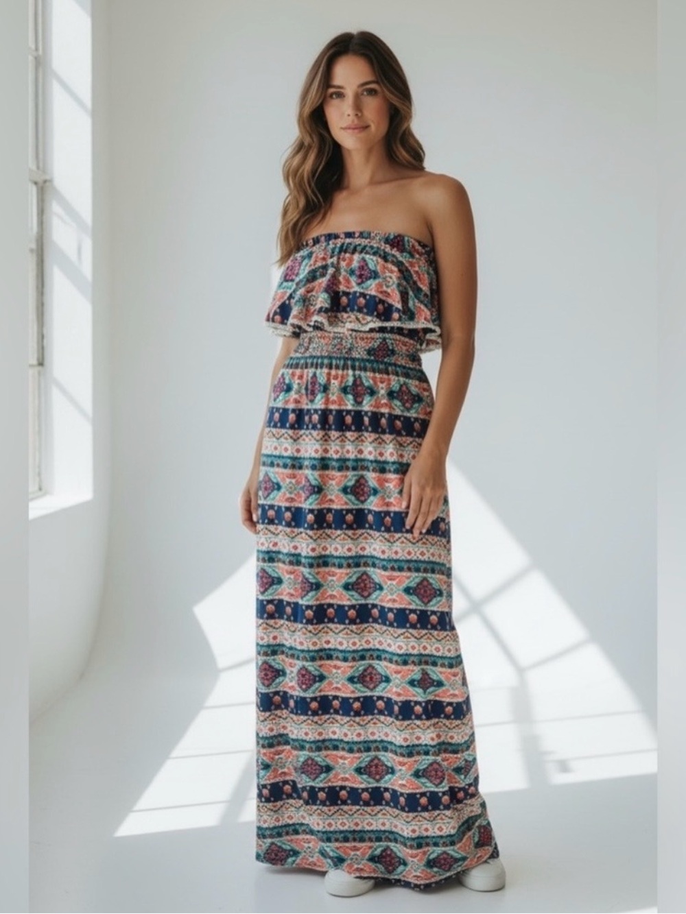 Peach Love California Aztec Print Strapless Maxi Dress // Pink & Blue // Large